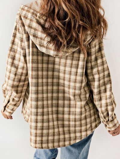 Tan and brown plaid hooded snap jacket with long sleeves