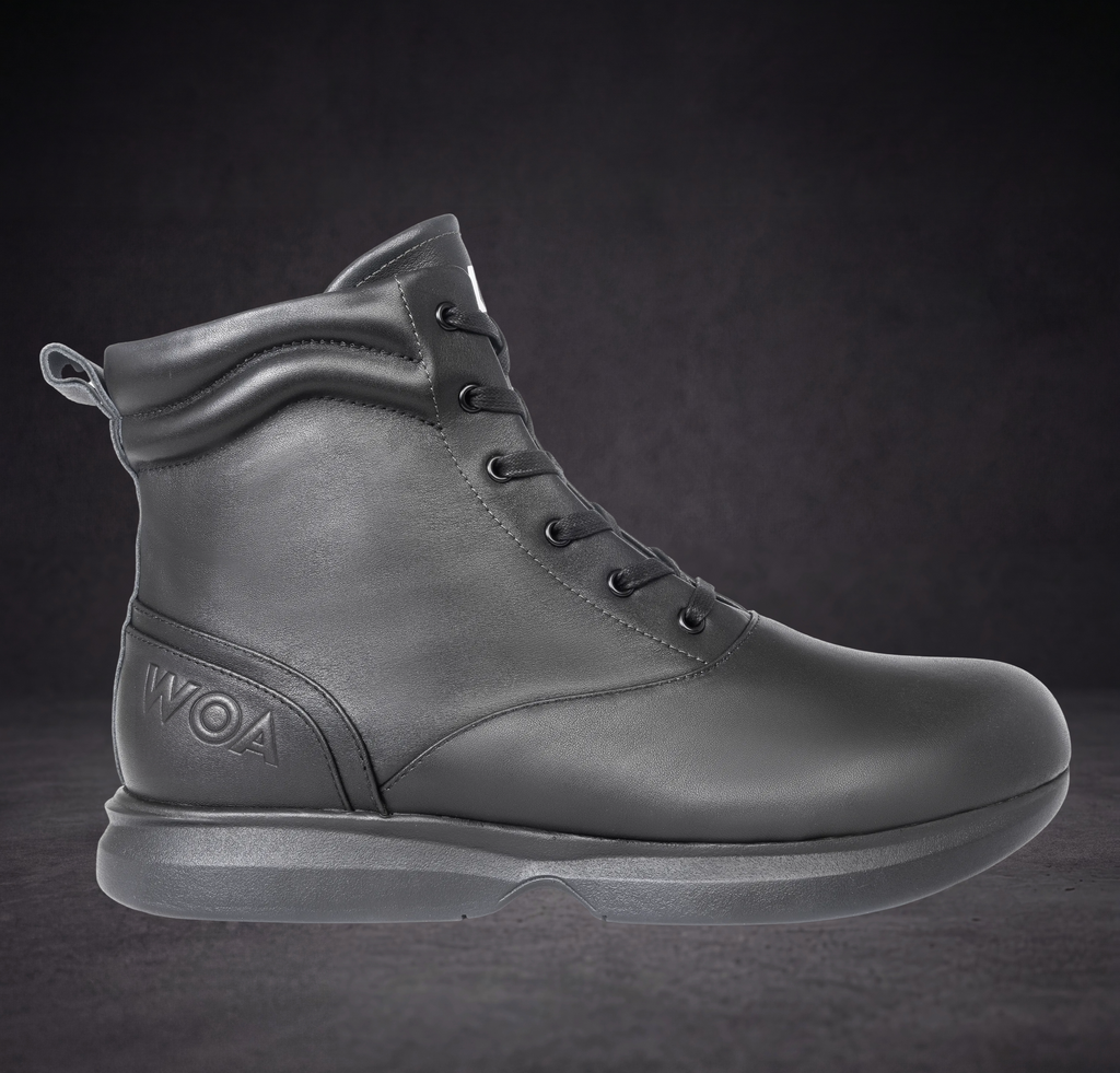 WOA lace-up ankle boot front three-quarter view with side WOA logo