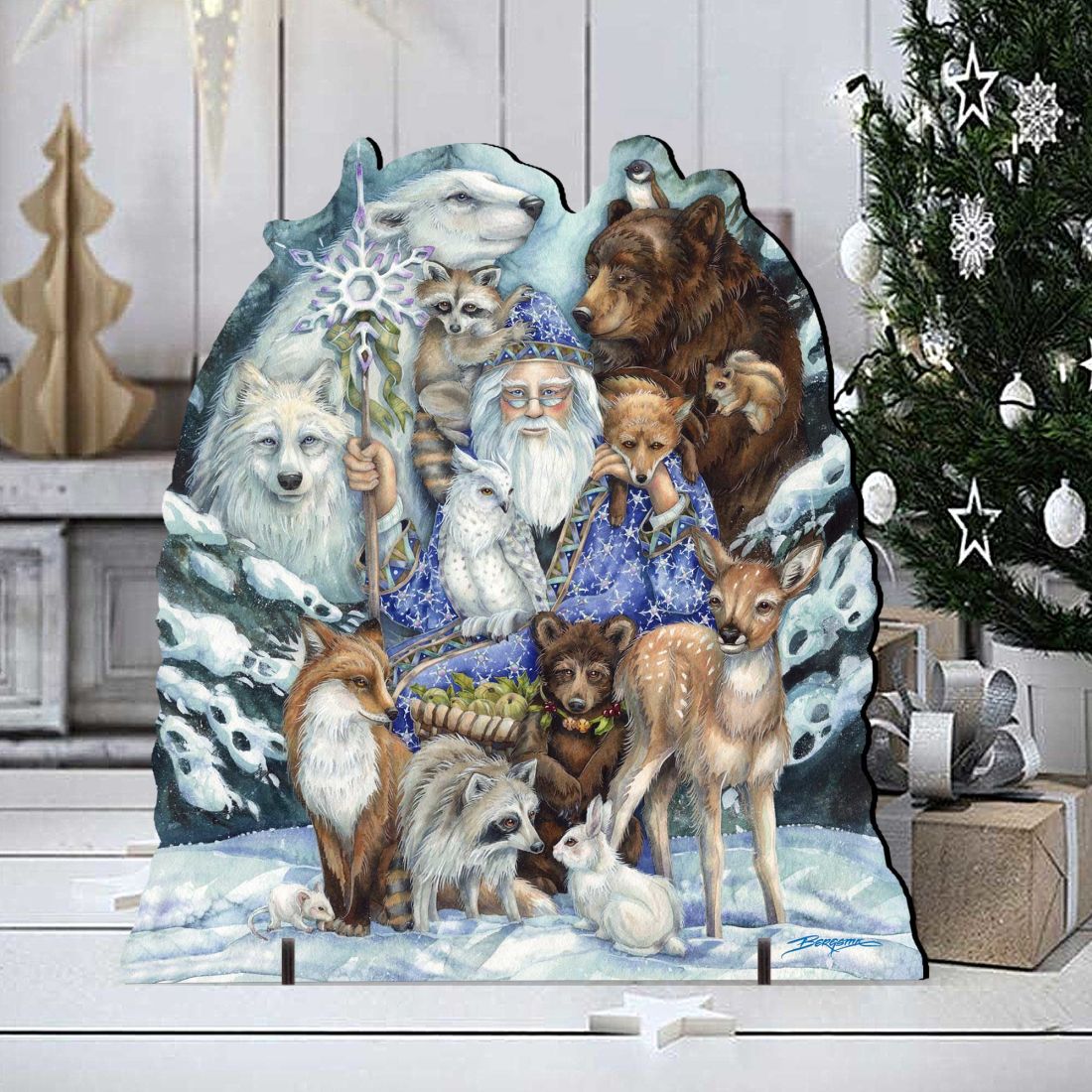 Holiday yard sign showing Father Winter surrounded by woodland animals and stars