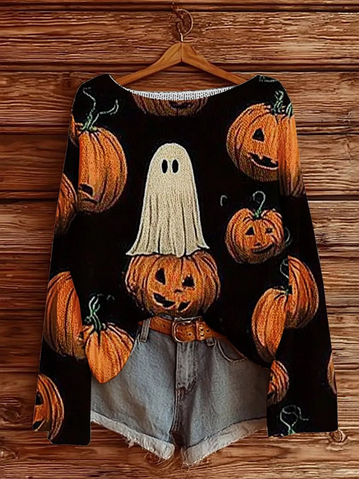 Black Halloween boat-neck sweater with pumpkin and ghost graphic prints