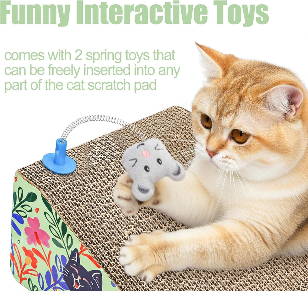 Cat scratcher pad with a spring-mounted mouse toy