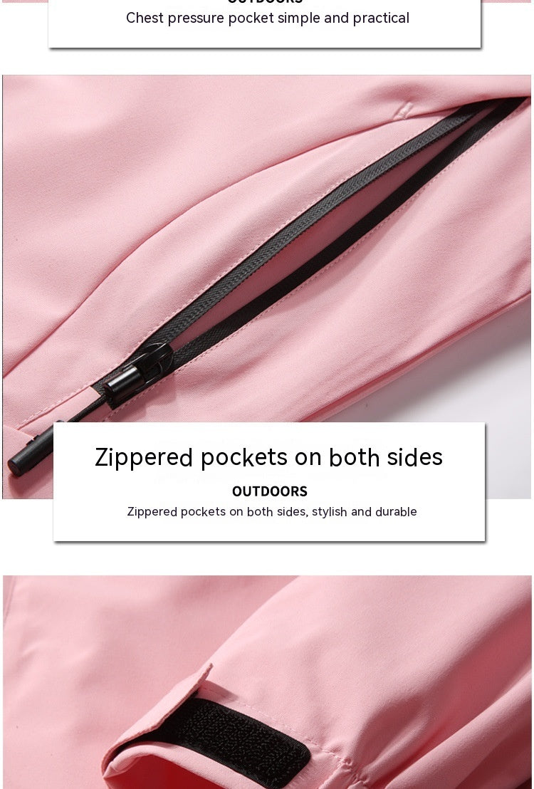 Men's pink waterproof jacket detail, zip pockets on both sides and chest pocket panel.