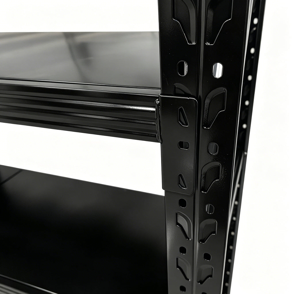 Close-up of a black metal shelf beam connecting to a perforated upright with locking tabs