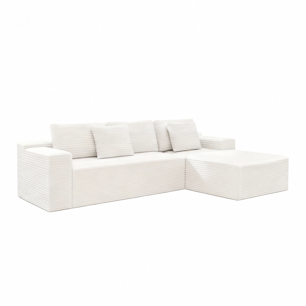 White modular sectional sofa seat, corner unit with thick seat cushions and back pillows