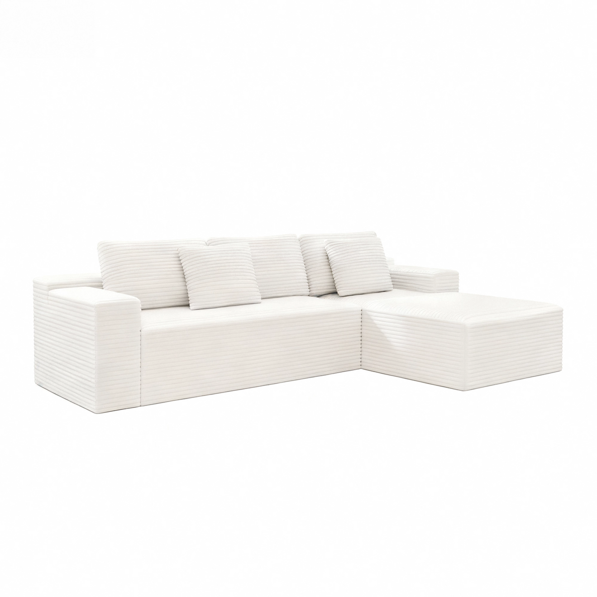 White modular sectional sofa seat, corner unit with thick seat cushions and back pillows