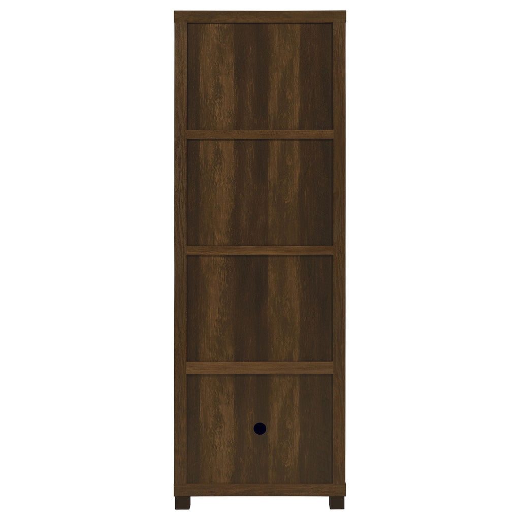 Dark pine media tower with three shelves and lower cabinet with round knob