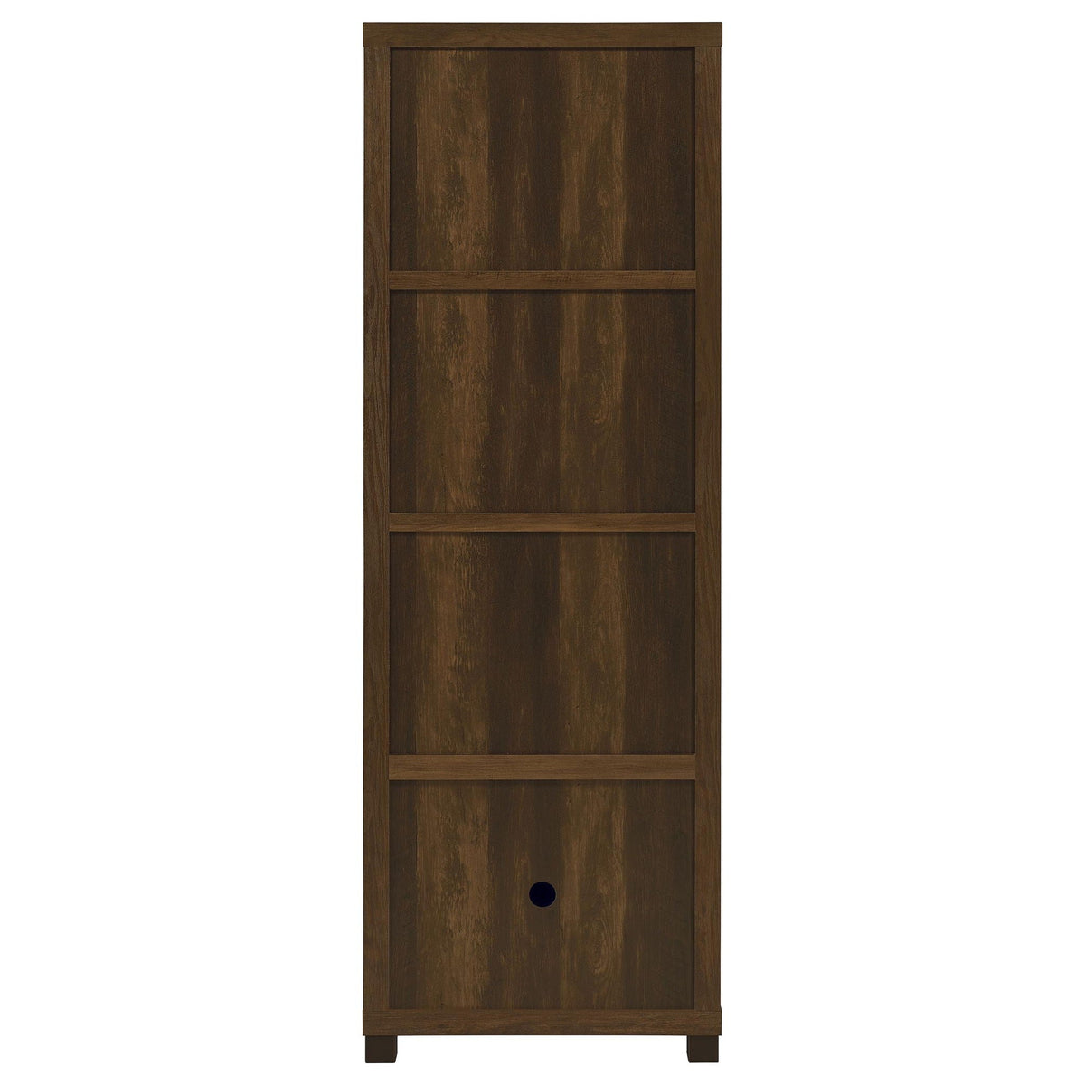 Dark pine media tower with three shelves and lower cabinet with round knob