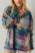 Multicolored plaid fleece hoodie, half-button front, thumbhole long sleeves