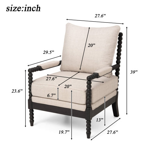 Upholstered accent chair with measurement labels, cream cushions, and black wood frame