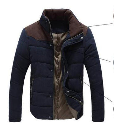 Dark blue padded parka jacket with hood and front zipper, chest pocket flap