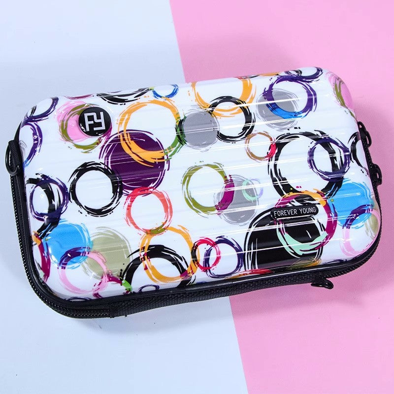 Cosmetic bag with colorful bubble circle pattern on white, black zipper