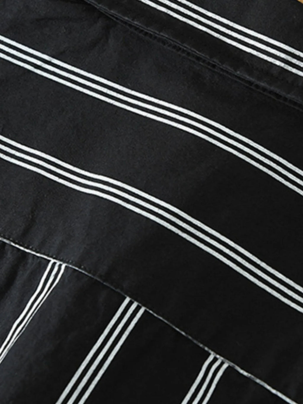 Plus-size striped short-sleeve button-up shirt seam and stripe detail, dark with white stripes