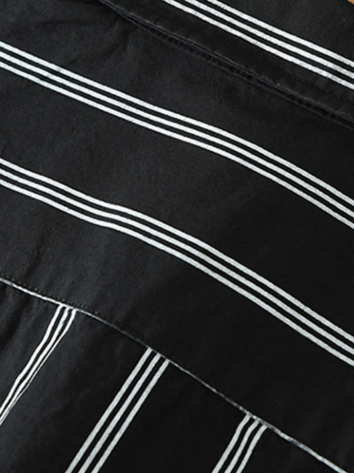 Plus-size striped short-sleeve button-up shirt seam and stripe detail, dark with white stripes