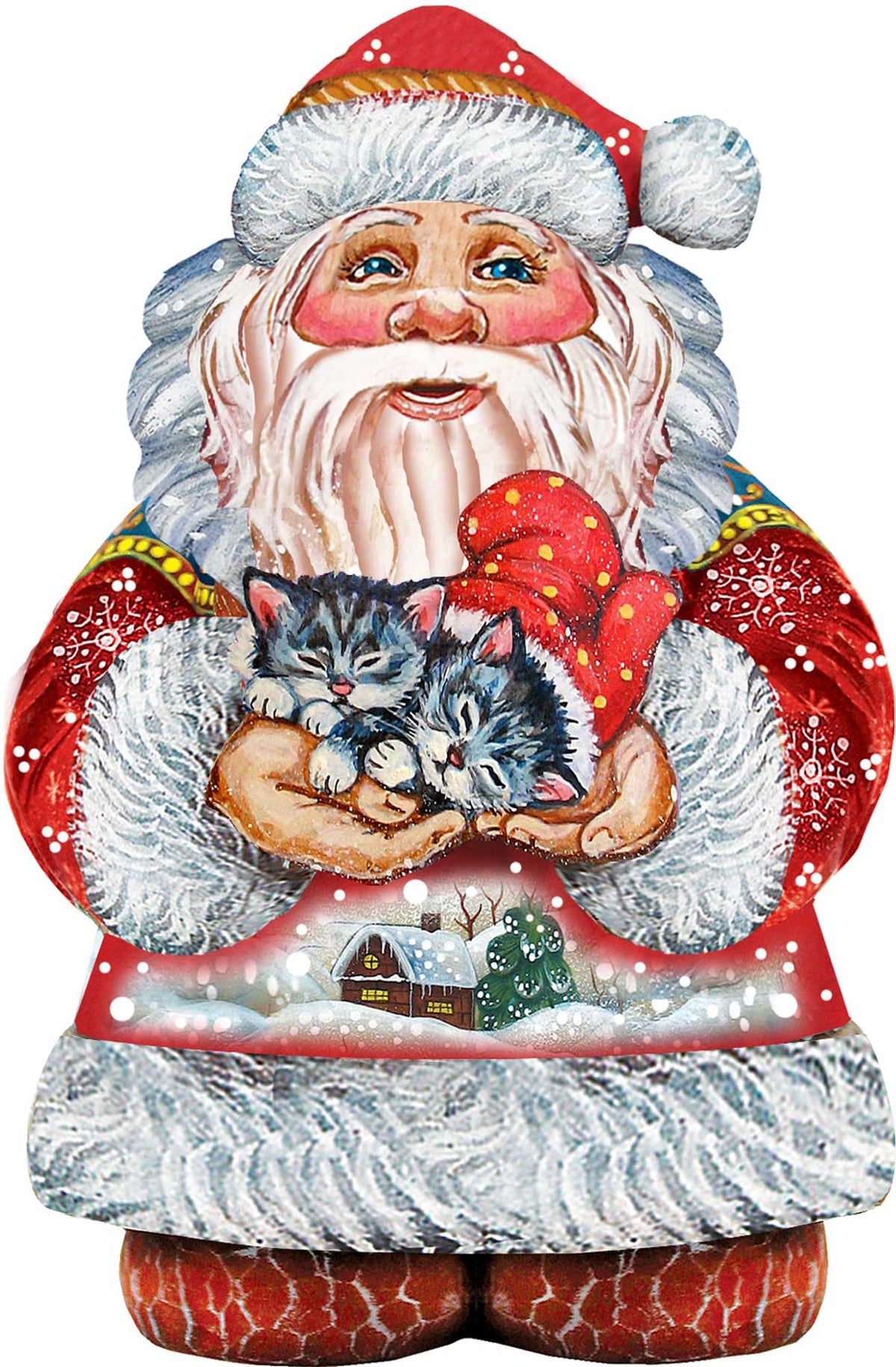 Close-up Santa holding a kitten Christmas door decor cutout in red and gray