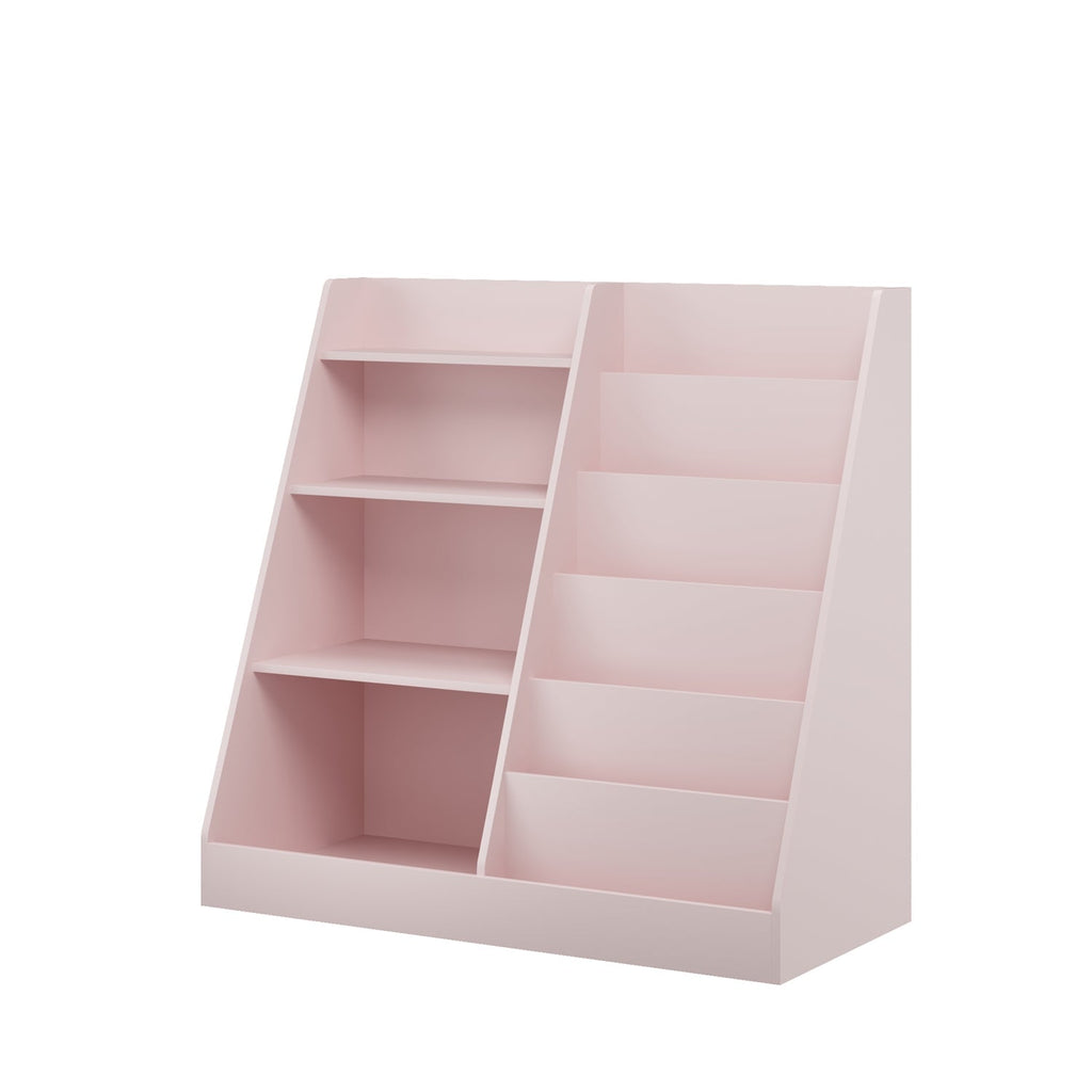Pink kids bookshelf with open shelves and empty cubby compartments