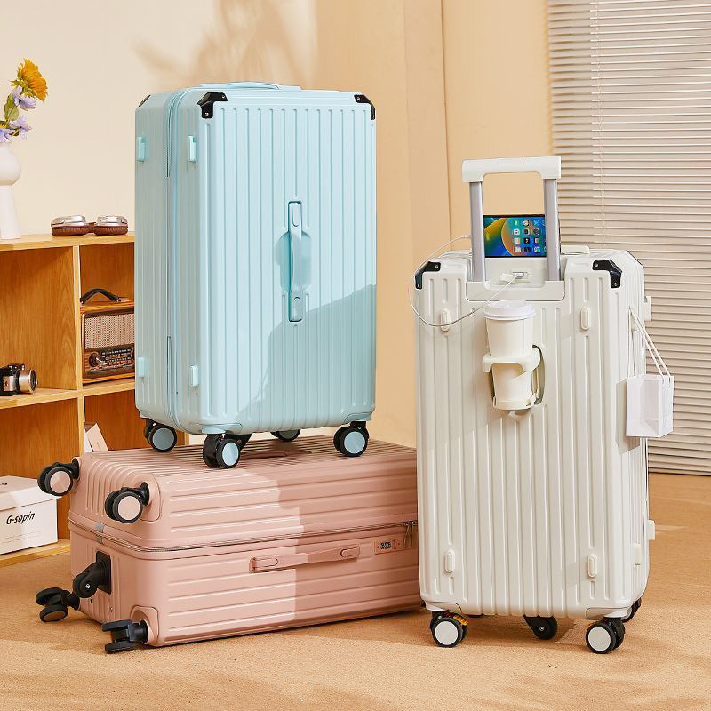 Large capacity trolley suitcase set with light blue, white shell, ribbed panels, wheels