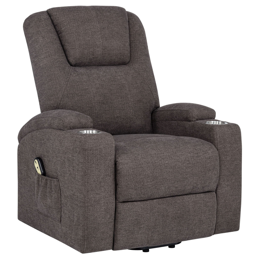 Louie Chenille chenille power lift massage chair with arm controls and cup holders, dark fabric