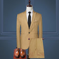 Men's tan khaki two-piece suit set with matching blazer and shorts