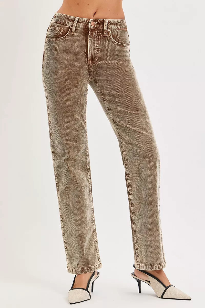 Mocha corduroy straight-leg pants with contrast stitching and cuffed hem