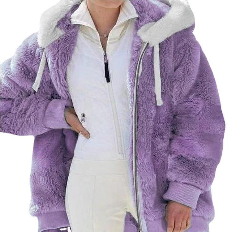 Purple plush zip-up hooded jacket with white lining and ribbed cuffs