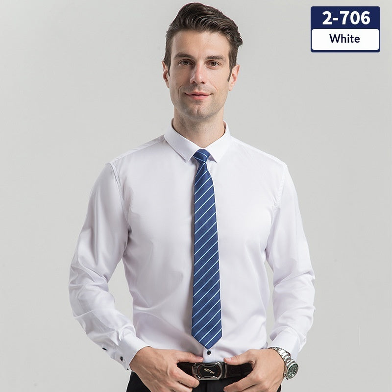 White long-sleeve dress shirt with button-down collar and front button placket
