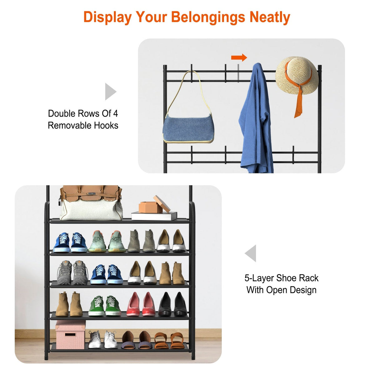 Hall tree detail showing removable hooks and five open shoe shelves