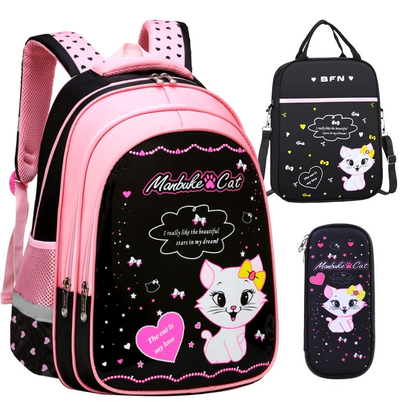 Pink and black kids cat print backpack with matching crossbody bag and pencil case