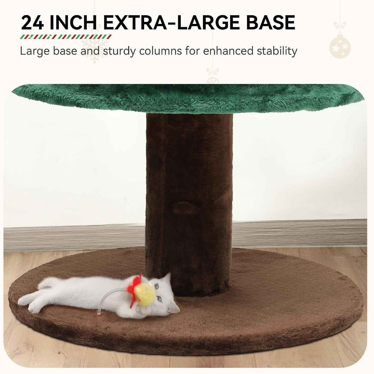 Cat tower with a wide brown base, central scratching post, and green platform