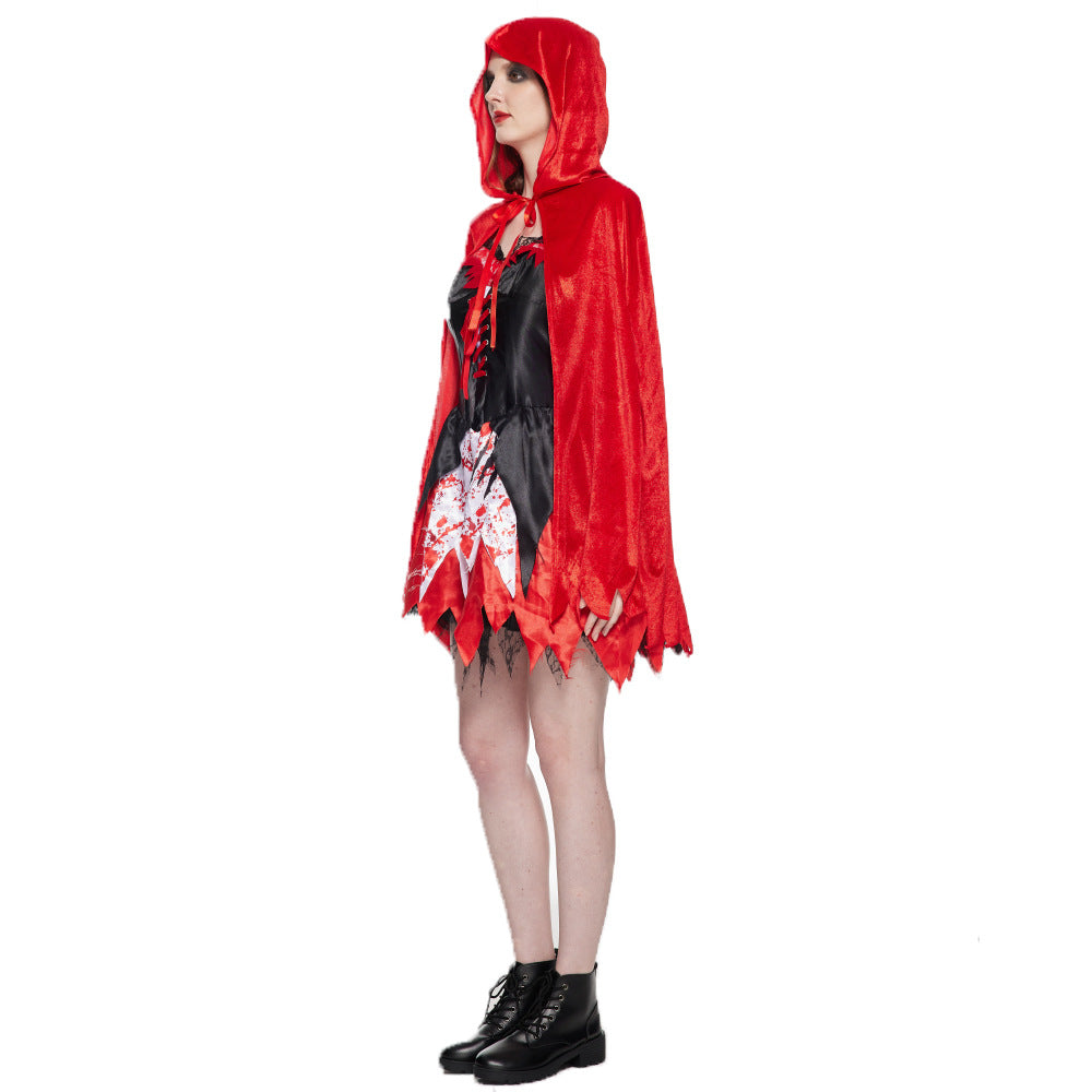 Red hooded cape dress with black front panel and bloodstain skirt