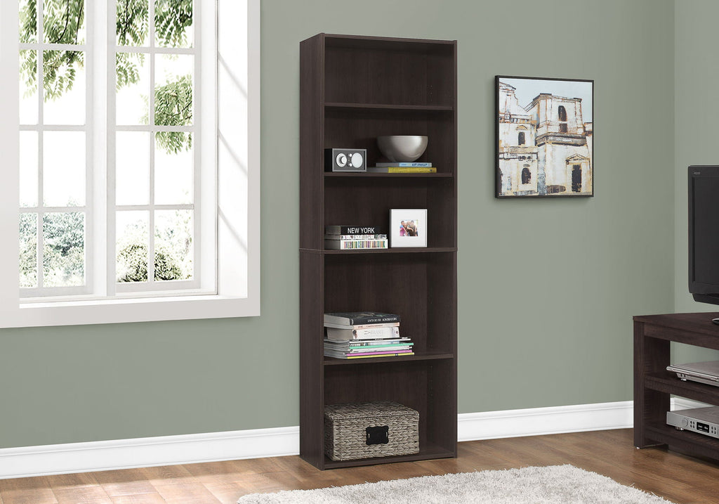 6-tier bookcase with open shelves, dark brown wood finish