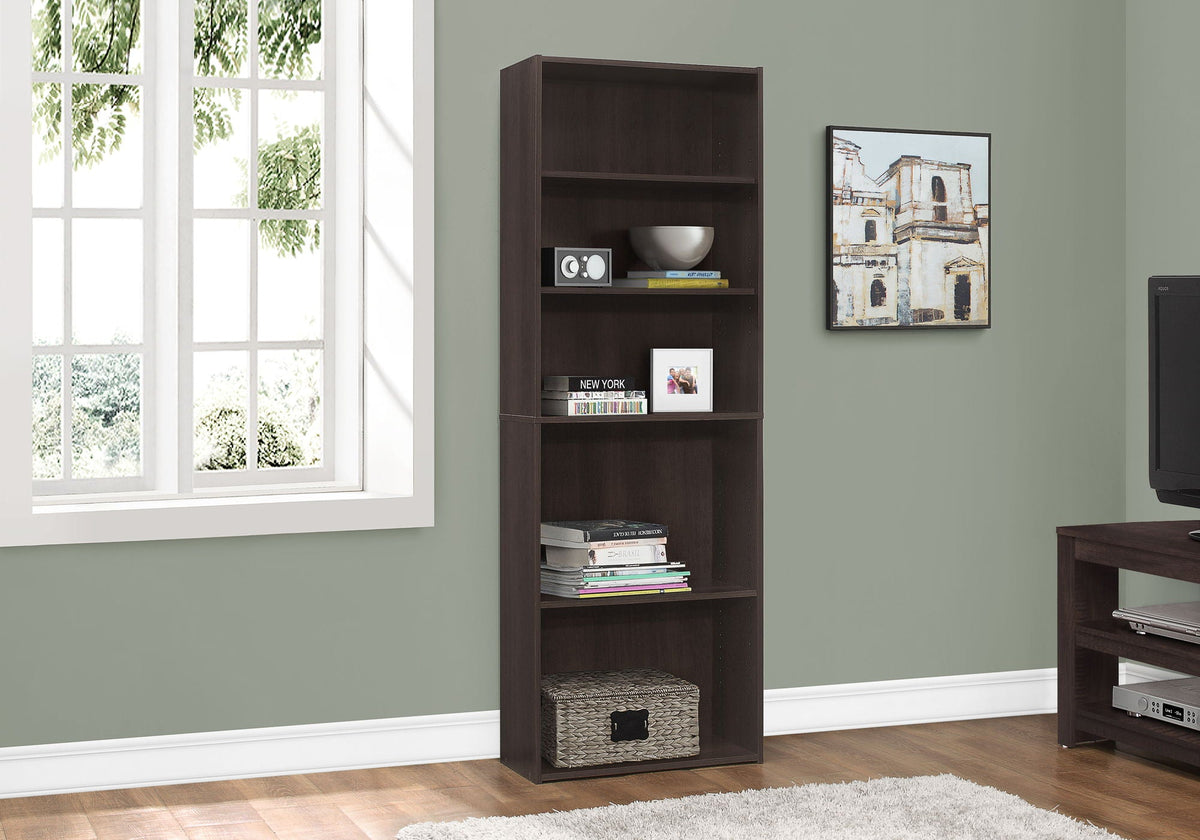 6-tier bookcase with open shelves, dark brown wood finish