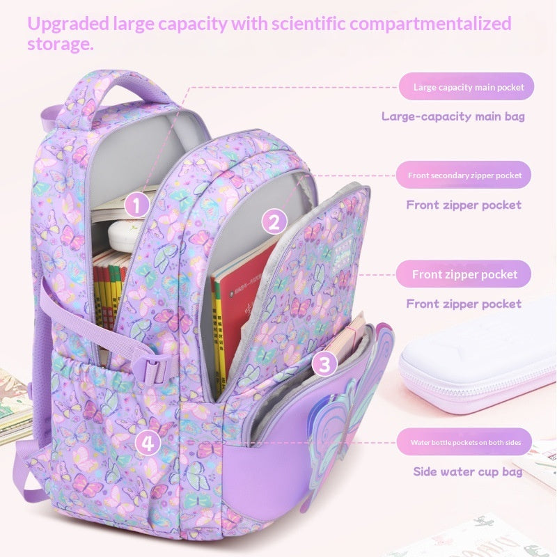 Lavender patterned backpack set with large main compartment and open front pocket