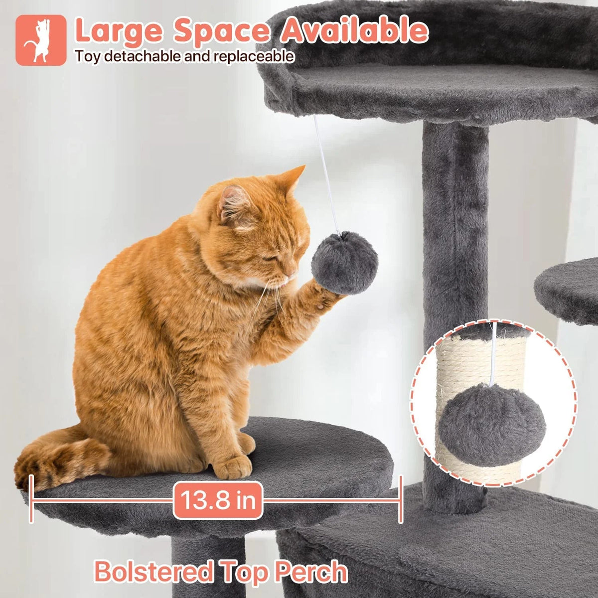 Cat tree perch with plush gray cushion, dangling toy and sisal-wrapped scratching post