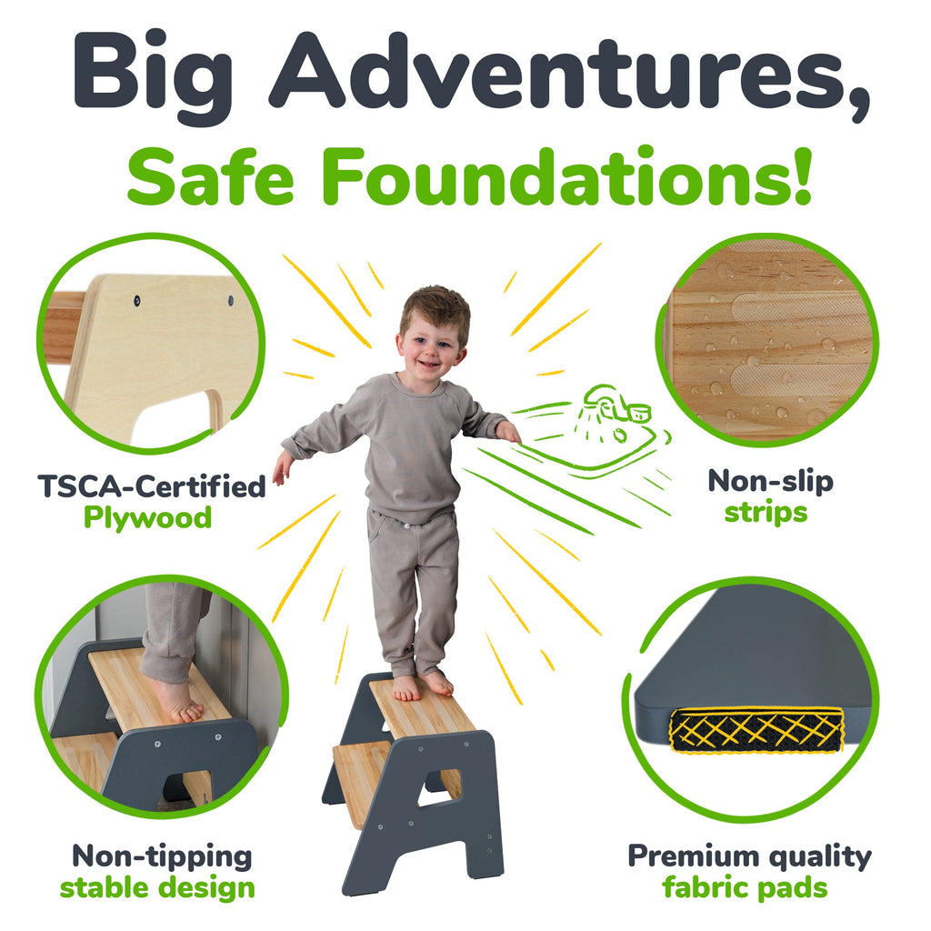 Two-step wooden step stool with cutout side panels and anti-slip traction pads.
