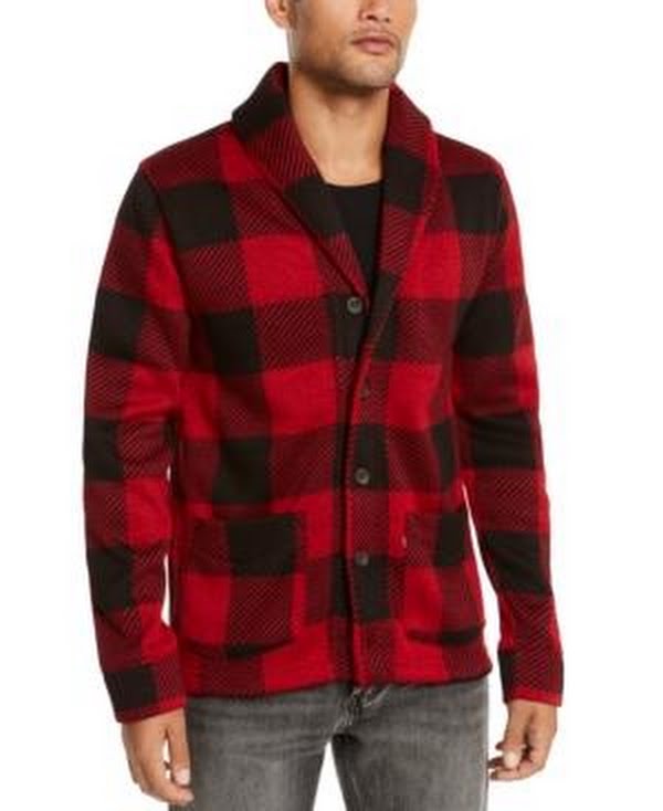 Men's red-and-black plaid shawl-collar cardigan sweater, button-front with chest pockets
