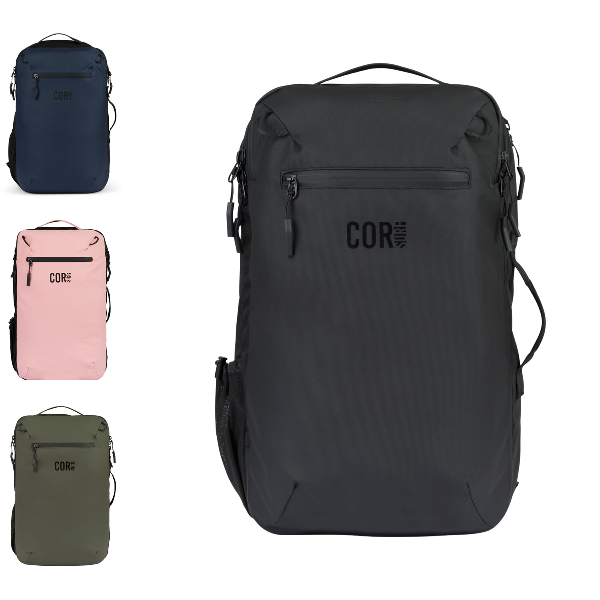 Carry-on travel backpack shown in navy, pink, and olive colors (front view)