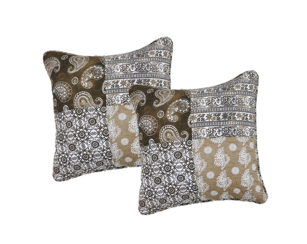 Olive-brown and white paisley decorative throw pillows with patchwork panels
