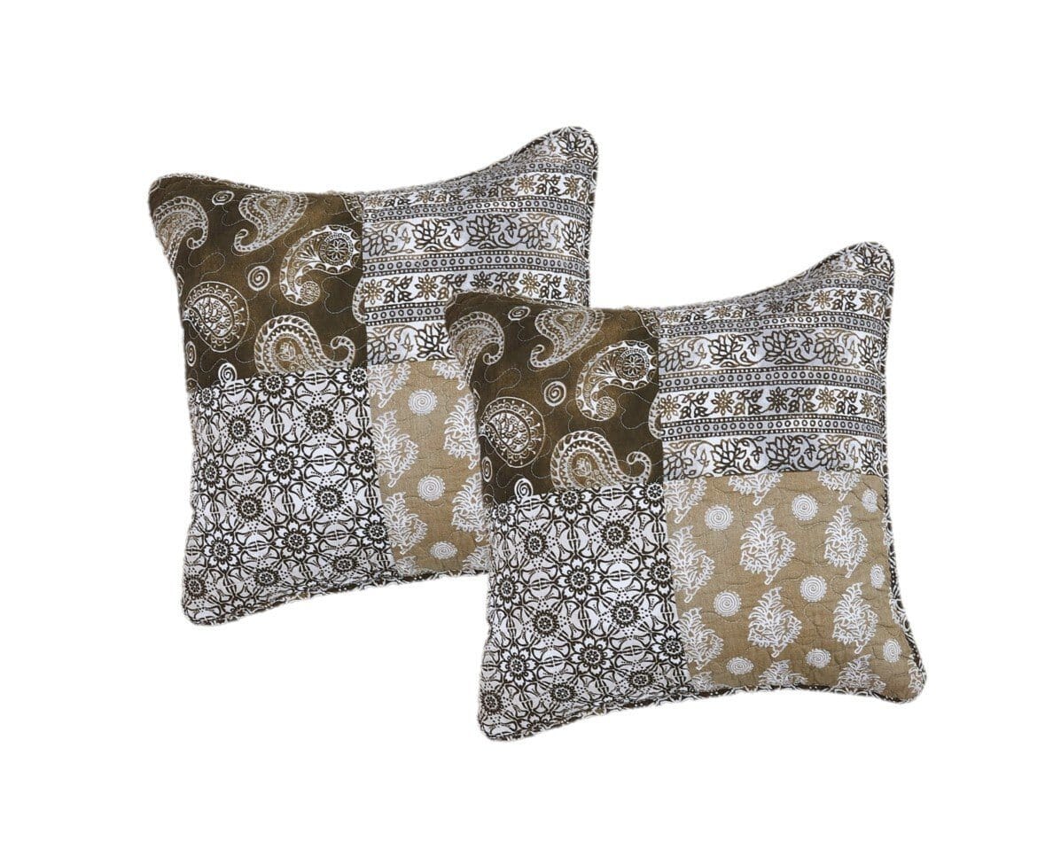 Set of two bohemian patchwork throw pillow covers, paisley and geometric pattern in dark brown