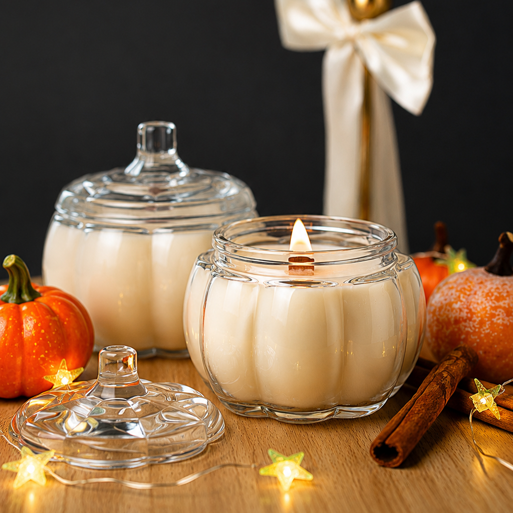 Clear glass candle jar with cream wax and flame inside round lid, handle visible