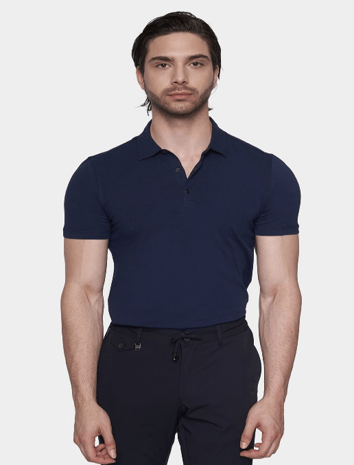 Navy mercerized-cotton polo shirt with collared button placket and short sleeves