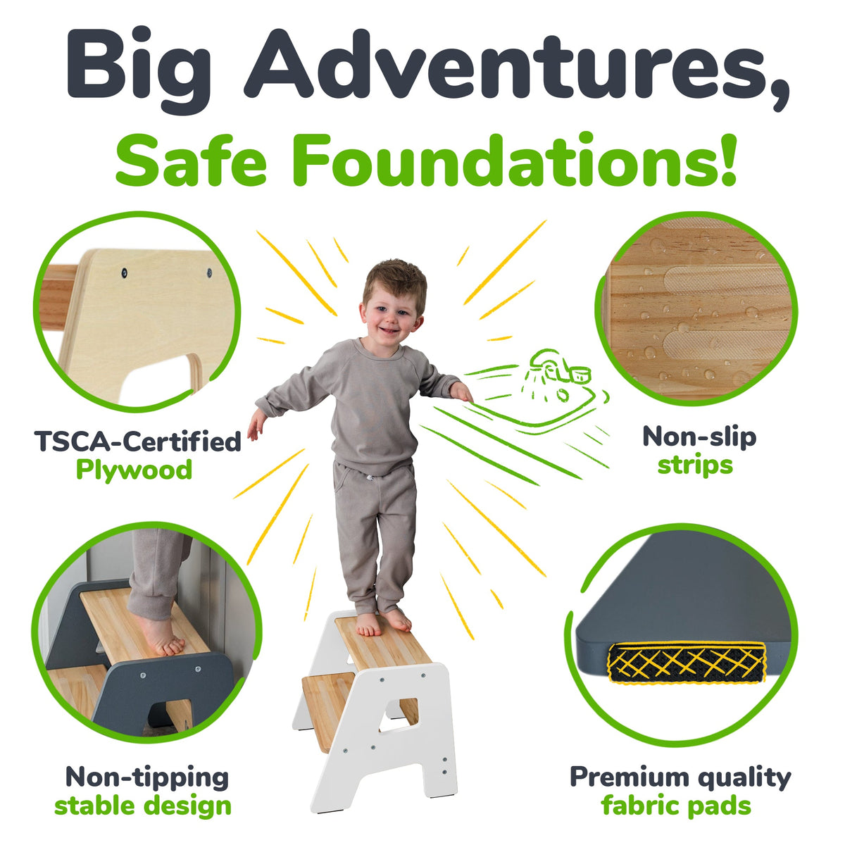 Two-step wooden step stool with cutout side panels and anti-slip traction pads.