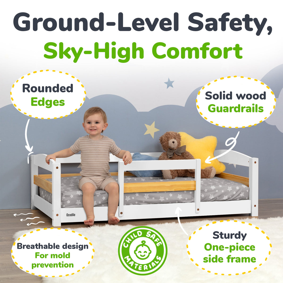 Toddler floor bed with safety rails, white frame and gray star mattress