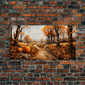 Panoramic fall landscape canvas print with orange pumpkins and golden leaf-covered trail