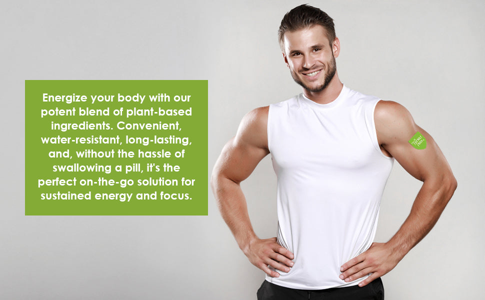 Green energy patch on man’s arm while wearing a white tank top