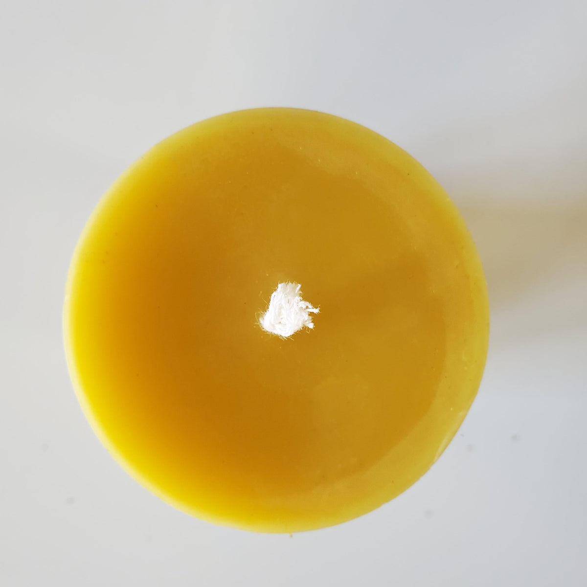 Top view of a yellow round beeswax candle with small white wick nub