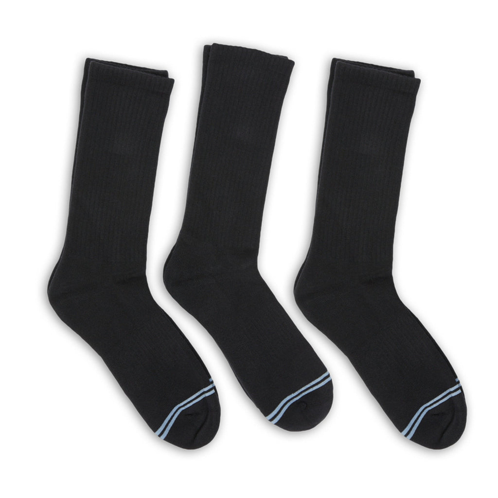 Black crew socks 3-pack with light blue heel and toe stripes