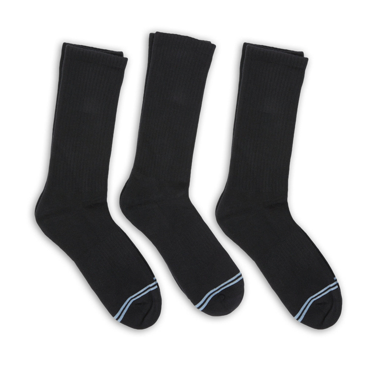 Black crew socks 3-pack with light blue heel and toe stripes