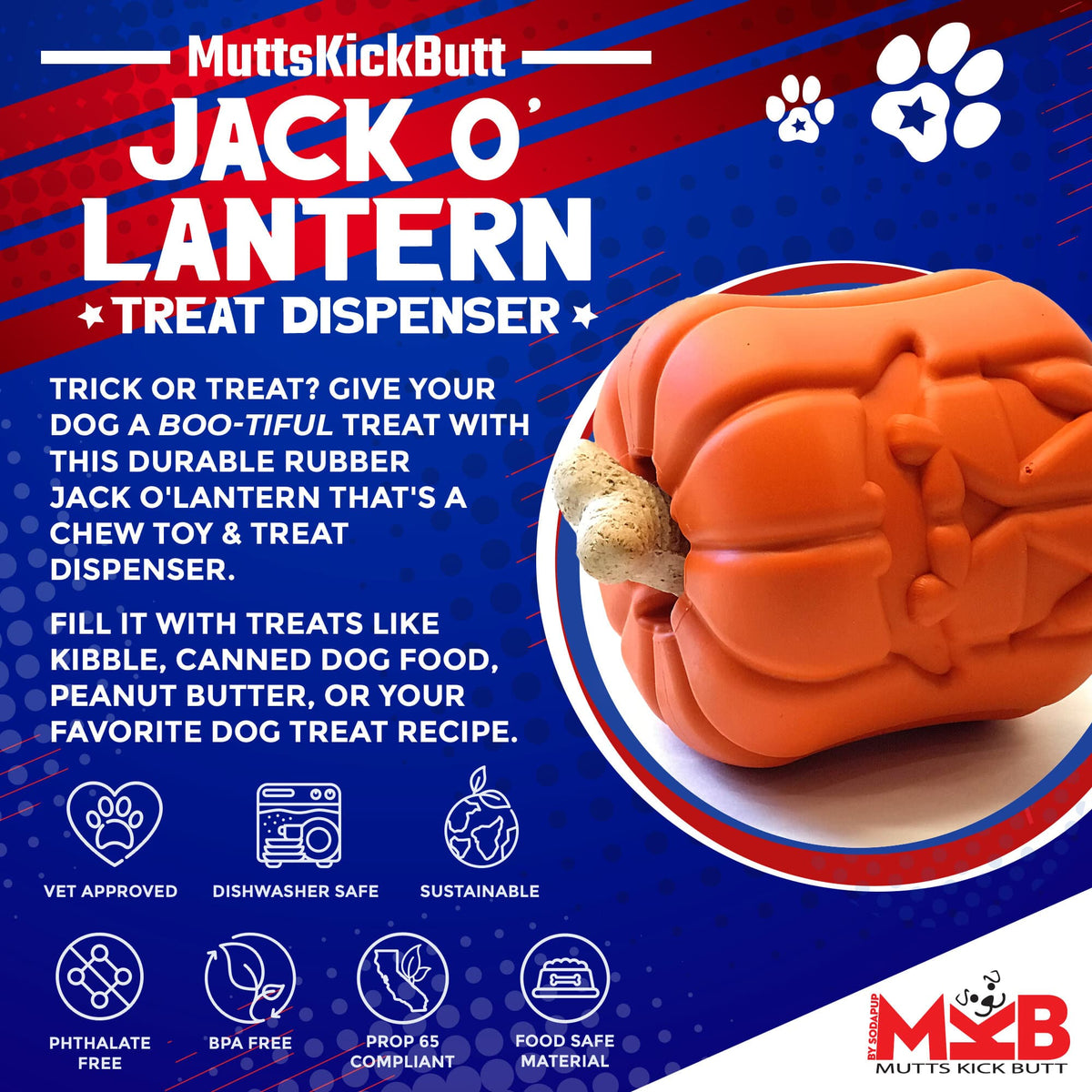 Orange jack-o'-lantern dog treat dispenser toy with carved face detail.