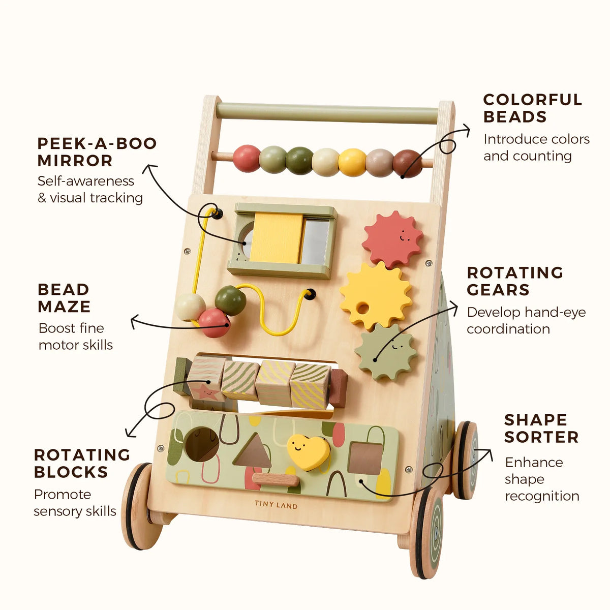 Wooden baby walker with rotating gears, shape sorter, bead maze, and mirror feature panels