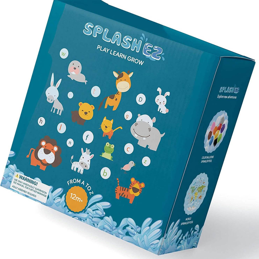 3-in-1 kids splash pad box, teal package with animal alphabet graphics